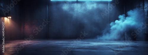 Abstract Dark Blue Background with Neon Lights and Smoke, Creating a Studio-Style Atmosphere for Product Displays on a Concrete Floor.