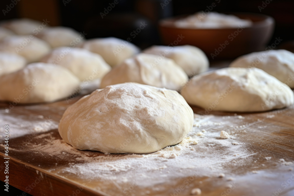 Raw dough balls and flour on wooden kitchen table Raw dough balls and flour on wooden kitchen table