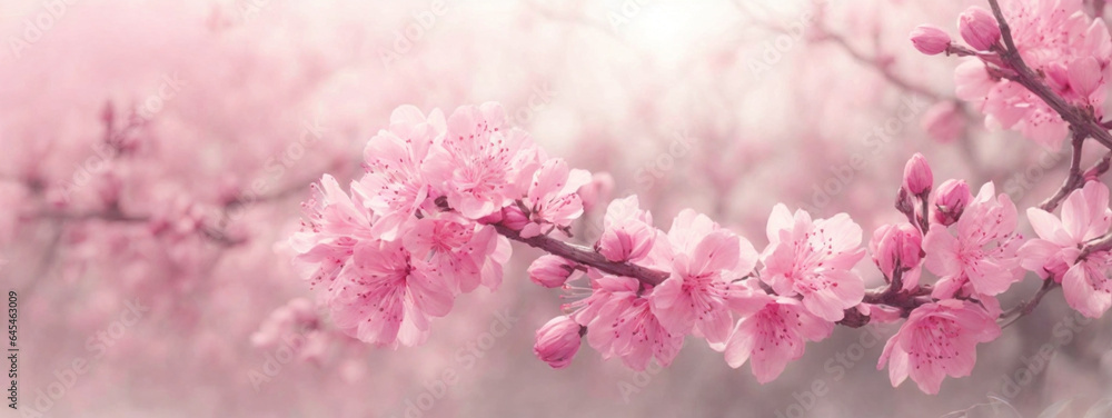 Spring border or background art with pink blossom. Beautiful nature scene with blooming tree and sun flare Spring border or background art with pink blossom. Beautiful nature scene with blooming tree and sun flare