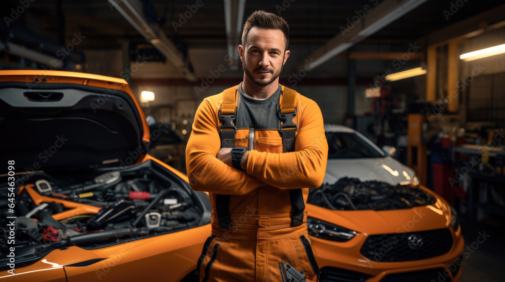 Portrait of a mechanic in a car service against the backdrop of cars. Portrait of a mechanic in a car service against the backdrop of cars.