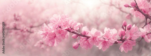 Spring border or background art with pink blossom. Beautiful nature scene with blooming tree and sun flare