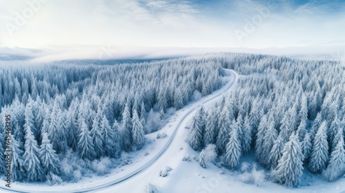a forest road seen from above, winding its way through a snow-covered landscape.