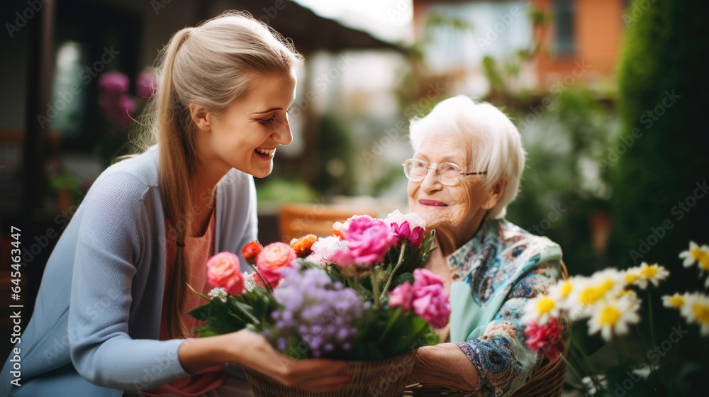 Granddaughter gives grandmother a bouquet of flowers for her birthday in honor of March 8