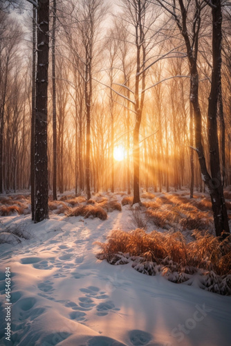 Zachód słońca w lesie w okresie zimowym