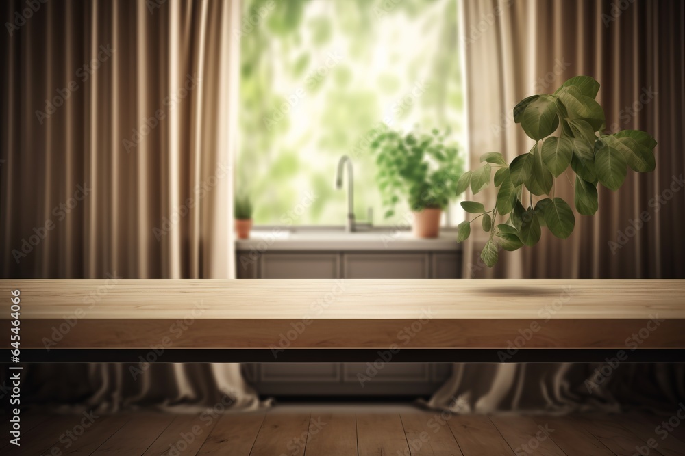 A wooden table with a potted plant in front of a window A wooden table with a potted plant in front of a window
