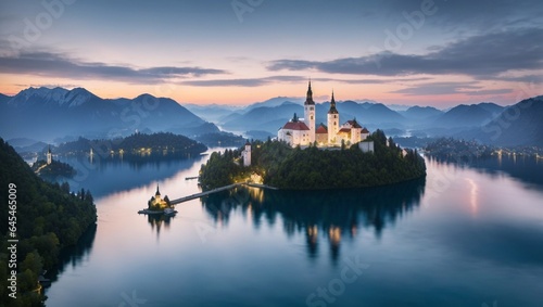 Aerial view of Bled lake landscape with the Pilgrimage Church of the Assumption of Maria on a small island after sunset