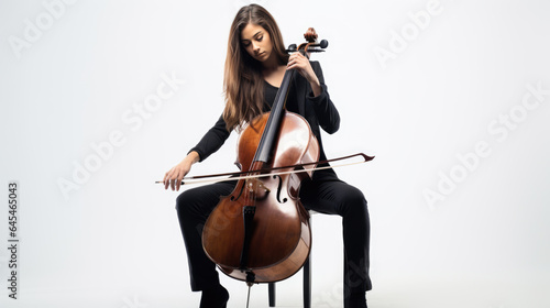 Young woman playing cello on white background