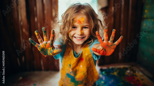 Little girl painting colorful art on wall, Happy funny girl showing dirty hands with colorful paint, Concept of art education and learning, Kid with activity, Child playing colors, AI Generated