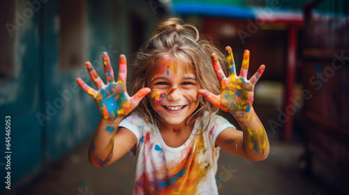 Little girl painting colorful art on wall, Happy funny girl showing dirty hands with colorful paint, Concept of art education and learning, Kid with activity, Child playing colors, AI Generated