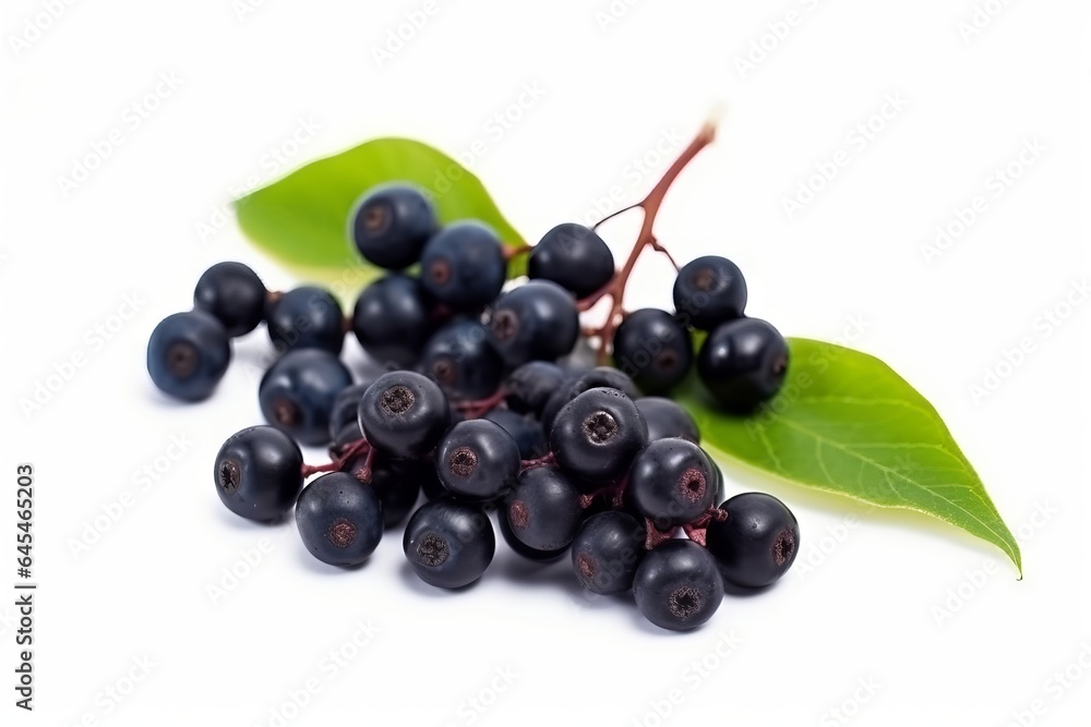 A bunch of fresh blackberries with leaves on a clean white background A bunch of fresh blackberries with leaves on a clean white background