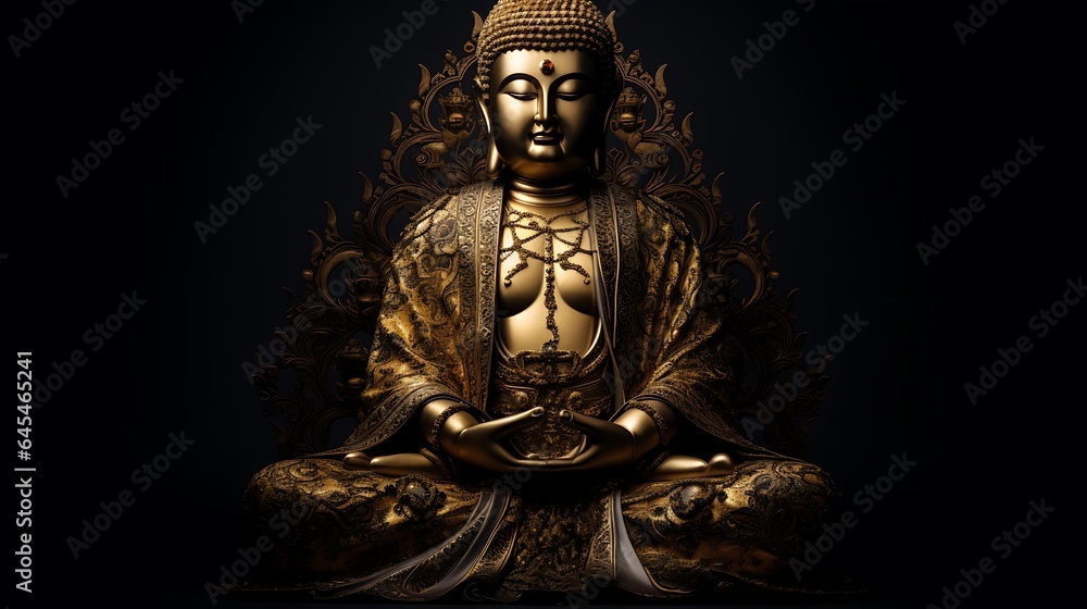 Fototapeta premium Buddha statue on black background. 3D rendering and illustration.