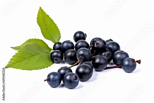A fresh bunch of blackberries with leaves on a clean white background