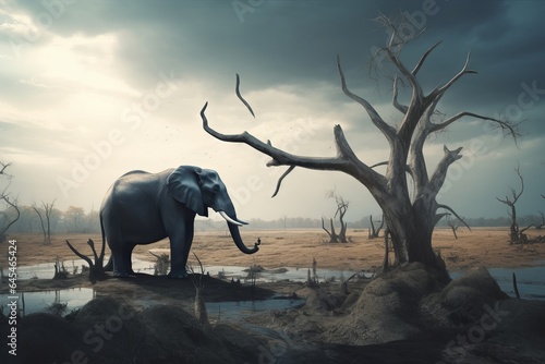 An elephant standing next to a tree in a picturesque landscape
