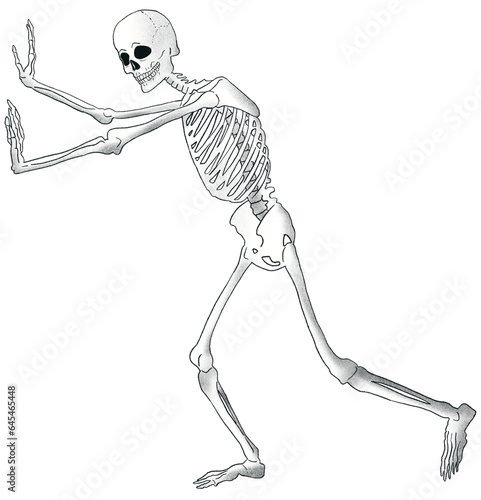 Skeleton pushing something. Organic rough lines and colours style.