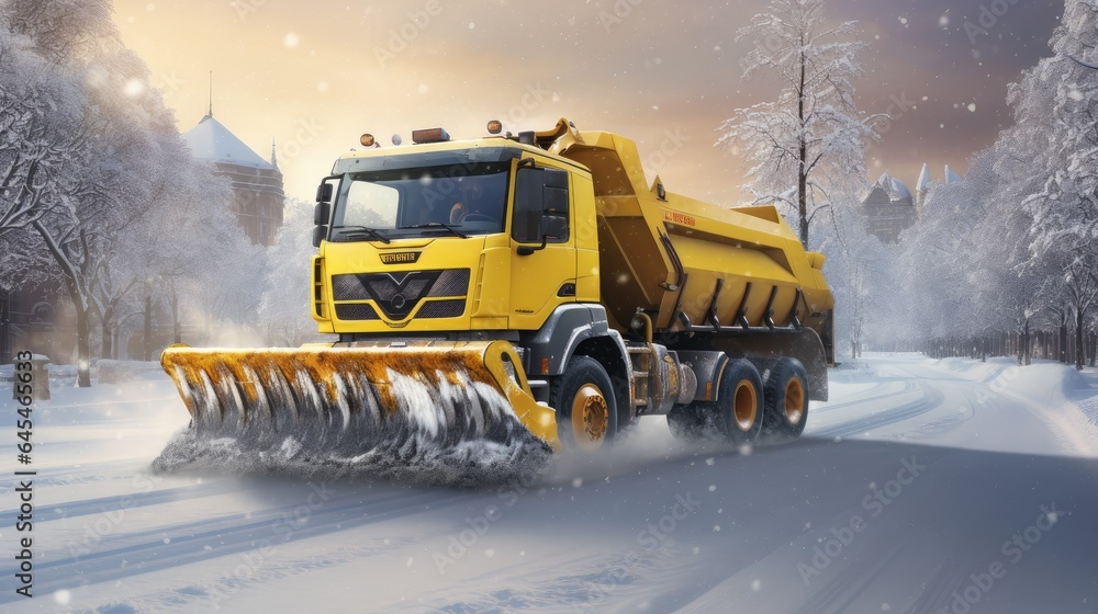 snow plow truck hard at work, efficiently removing snow from a road during a snowstorm. snow plow truck hard at work, efficiently removing snow from a road during a snowstorm.