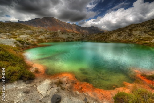 A serene lake nestled among majestic mountains