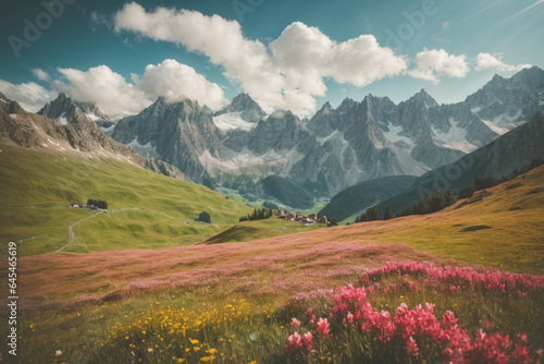 Idyllic mountain landscape in the Alps with blooming meadows in springtime