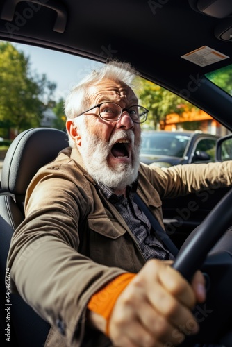 Elderly man gets angry while driving his car in traffic, he shouting a lot, angry and quarrelsome. Generative AI