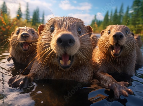 A group of beavers looking at the camera © cherezoff