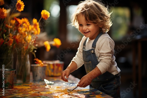 A toddler exploring colors with paint. AI generated