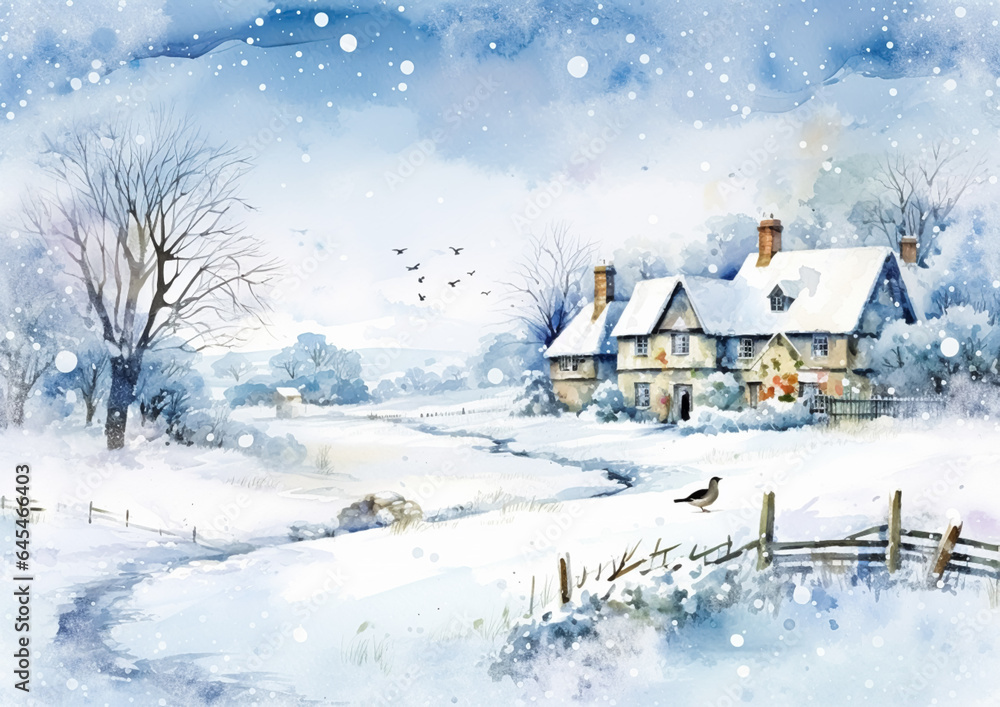 Merry Christmas and Happy Holidays, watercolour printable art print, English countryside cottage as snow winter holiday Christmas card, thank you and diy greeting card design, country style