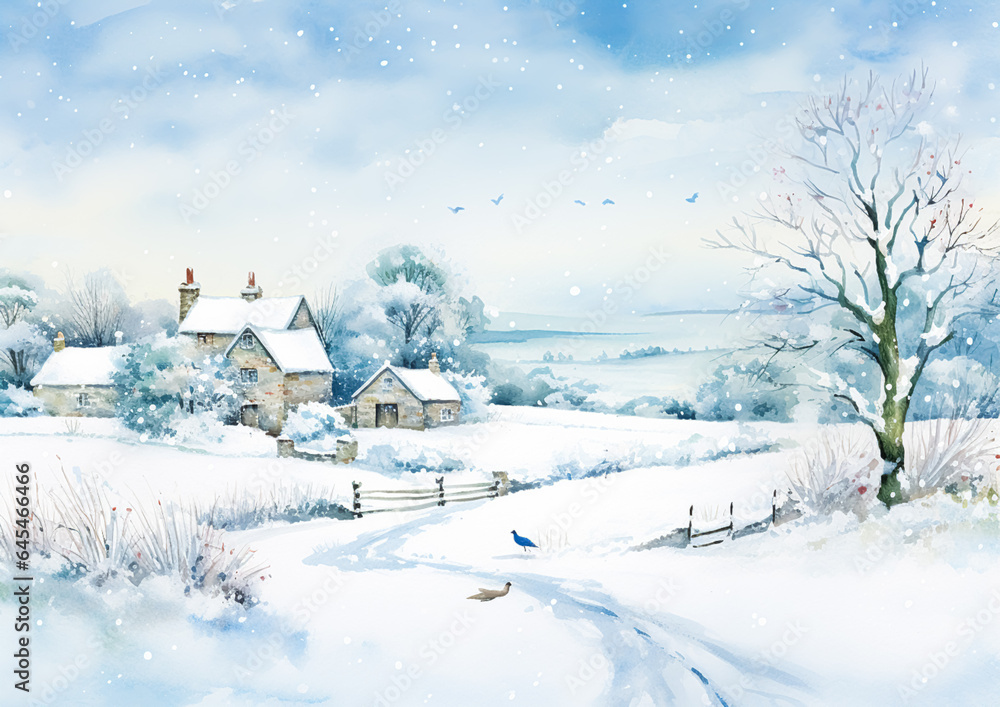 Merry Christmas and Happy Holidays, watercolour printable art print, English countryside cottage as snow winter holiday Christmas card, thank you and diy greeting card design, country style