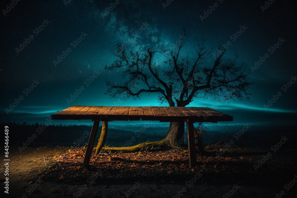Old wood table and silhouette dead tree at night for Halloween background.