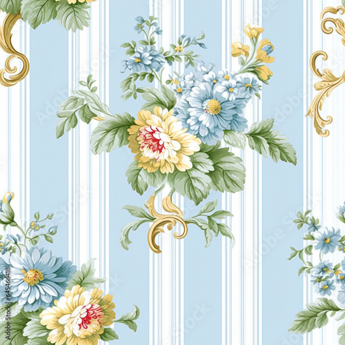 Seamless pattern  tileable English country style blue striped floral print for wallpaper  wrapping paper  scrapbook  fabric and product design