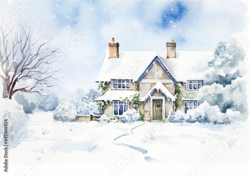 Merry Christmas and Happy Holidays, watercolour printable art print, English countryside cottage as snow winter holiday Christmas card, thank you and diy greeting card design, country style © Anneleven