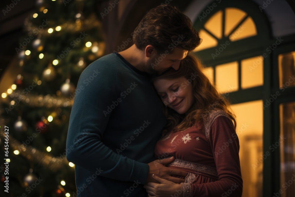 Embracing Parenthood: Pregnant Couple Hugging Near Their Christmas Tree in Anticipation of a New Family Member.
Embracing Parenthood: Pregnant Couple Hugging Near Their Christmas Tree in Anticipation of a New Family Member.