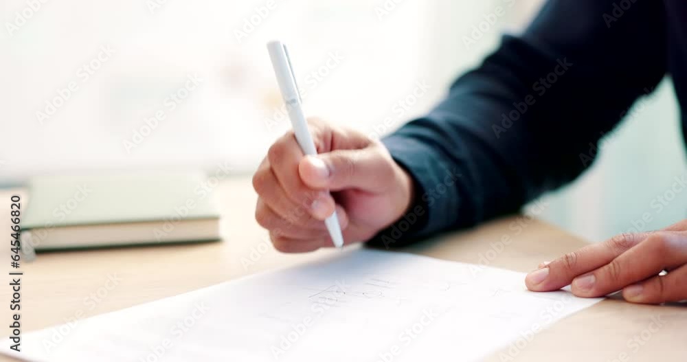 Hands, paper or man with contract to sign application or writing on document for life insurance. Compliance, closeup or client signature for paperwork policy, legal form or title deed agreement