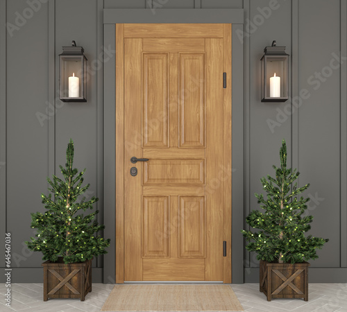 Wooden front door with the christmas decor. 3d render.