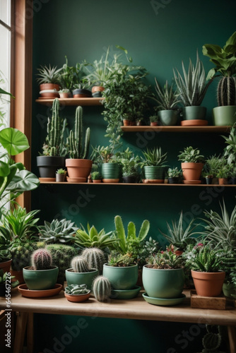 Home Garden Jungle: Stylish Composition of Beautiful Plants, Cacti, Succulents, and Air Plants in Various Design Pots, Enhanced by Green Wall Paneling. A Template for Home Gardening Enthusiasts.