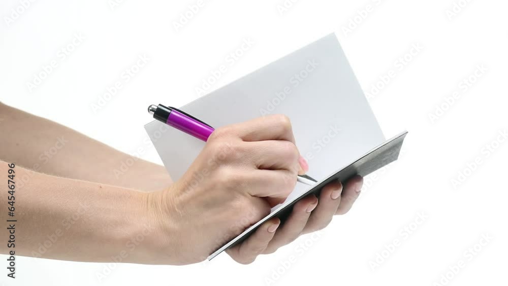 Woman's female hands writing pen in diary notebook on white background isolation. Hand of a creative female writer on paper plan, idea or reminder for business goals Woman's female hands writing pen in diary notebook on white background isolation. Hand of a creative female writer on paper plan, idea or reminder for business goals