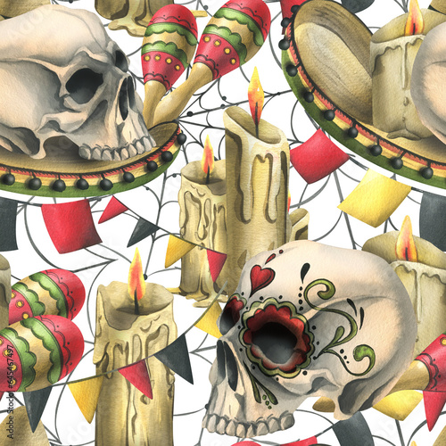 Human skulls, sombrero hat, maracas, garland flags, candles and cobwebs. Hand drawn watercolor illustration for day of the dead, halloween, Dia de los muertos. Seamless pattern on white background.