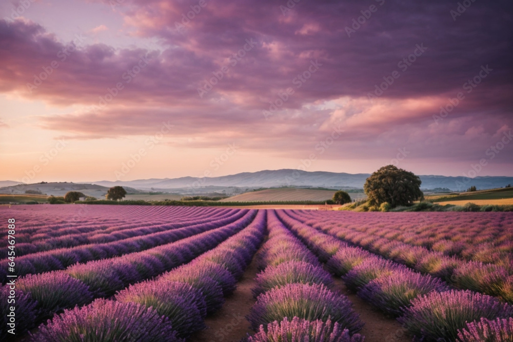 Stunning landscape with lavender field at sunset Stunning landscape with lavender field at sunset