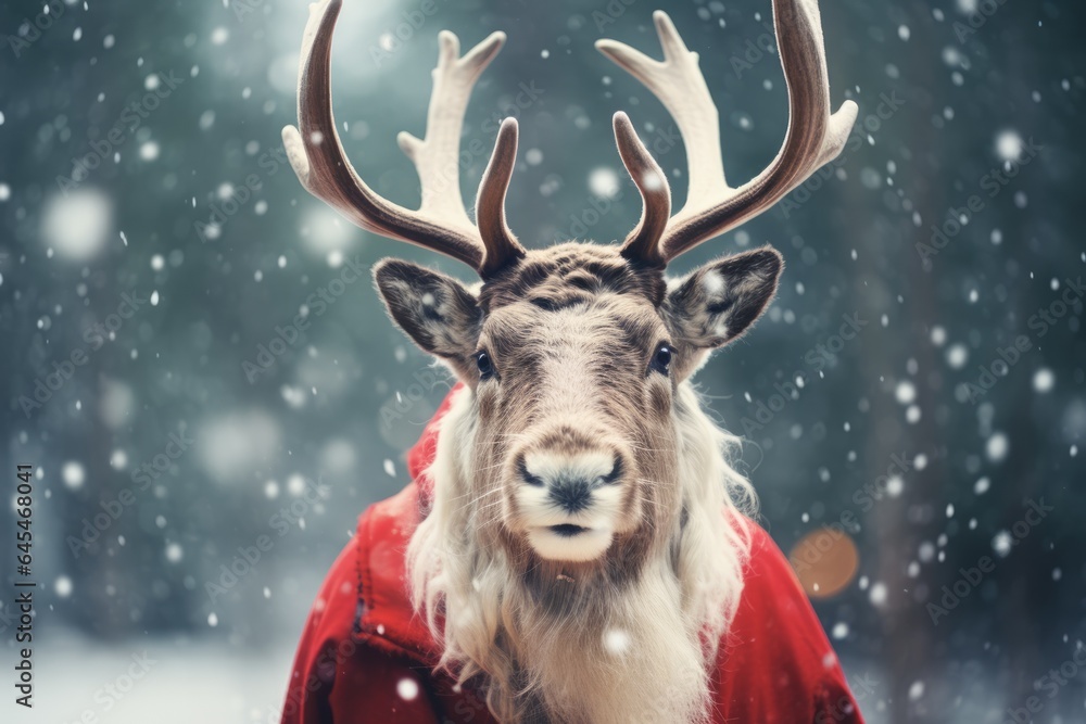 Festive Reindeer: An Adorable Scene of a Reindeer Donning a Santa Hat in a Snowy Landscape.
Festive Reindeer: An Adorable Scene of a Reindeer Donning a Santa Hat in a Snowy Landscape.