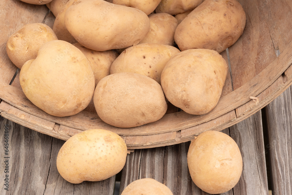 Garden potato harvest. Freshly dug potatoes in a bushel basket. Close-up of potatoes falling out of a harvest basket onto wooden plank flooring. Garden potato harvest. Freshly dug potatoes in a bushel basket. Close-up of potatoes falling out of a harvest basket onto wooden plank flooring.