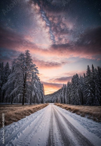 Road leading towards colorful sunrise between snow covered trees with epic milky way on the sky © @uniturehd