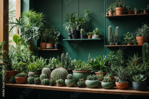 Home Garden Jungle: Stylish Composition of Beautiful Plants, Cacti, Succulents, and Air Plants in Various Design Pots, Enhanced by Green Wall Paneling. A Template for Home Gardening Enthusiasts.