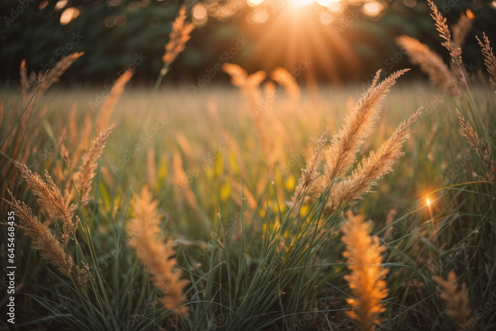Wild grass in the forest at sunset. Macro image, shallow depth of field. Abstract summer nature background. Vintage filter Wild grass in the forest at sunset. Macro image, shallow depth of field. Abstract summer nature background. Vintage filter