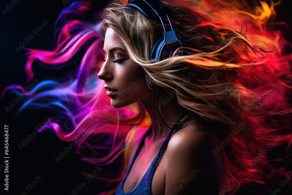 Woman with headphones, dancing in the night Woman with headphones, dancing in the night