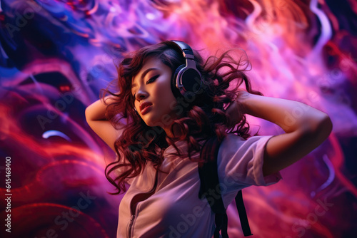 Woman with headphones, dancing in the night