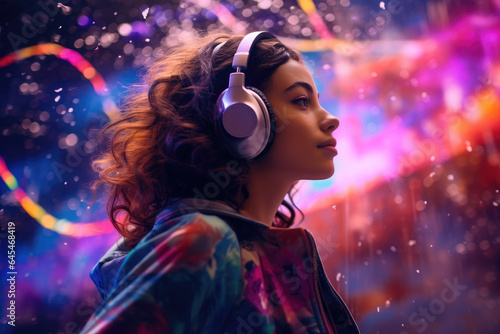 Woman with headphones, dancing in the night
