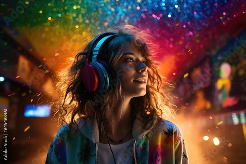 Woman with headphones  dancing in the night