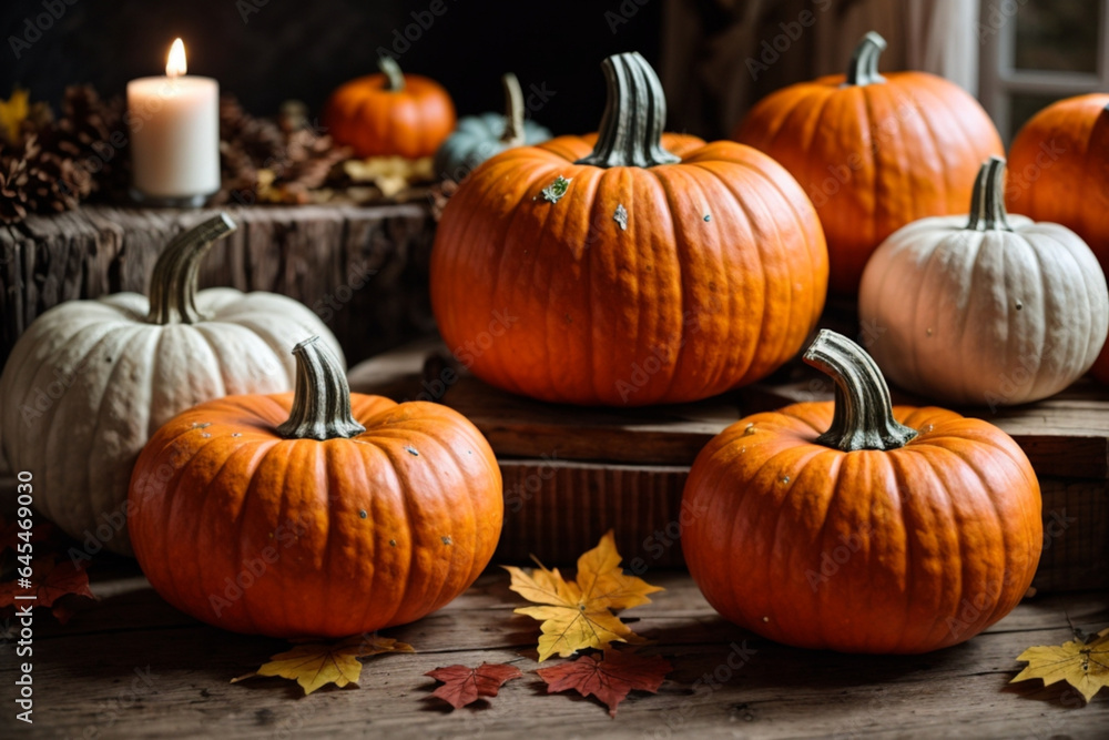 Collection of handmade plaster pumkins. Banner for autumn seasonal holidays background. Collection of handmade plaster pumkins. Banner for autumn seasonal holidays background.