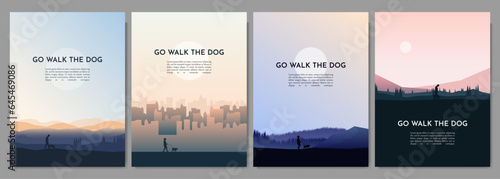 Vector illustration. A set of landscapes: a boy and a girl walk a dog in nature, in the city. Concept of healthy weekend leisure with pet. Design for poster, cover, magazine, layout, brochure, flyer