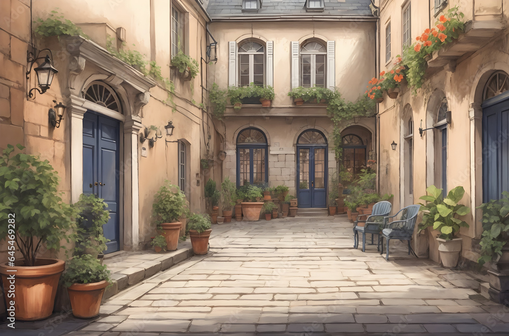 
European Courtyard: A charming European-style courtyard with cobblestone paths, potted plants, and the ambiance of a historic city.