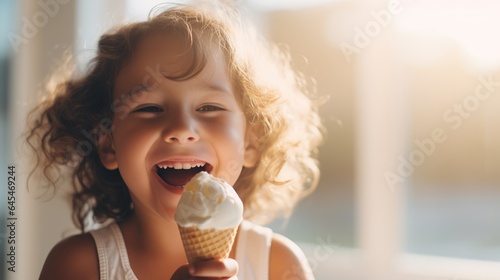 Small child eating a tasty ice cream cone. smiling and joyful. Generative AI
