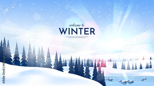 Vector illustration. Flat landscape. Snowy background. Snowdrifts. Snowfall. Clear blue sky. Blizzard. Cartoon wallpaper. Cold weather. Winter season. Forest trees and mountains. Design for website